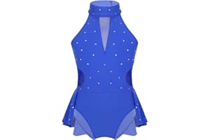 JEATHA Kids Girls Rhinestone Sleeveless Mock Neck Roller Skating Dress Gymnastic Leotard Ballet Dance Skirt