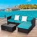 Peach Tree 5 PCs Outdoor Furniture Sectional Sofa with Ottoman and Glass Table Set Patio Black PE Rattan Wicker Sofa with Turquoise Cushions