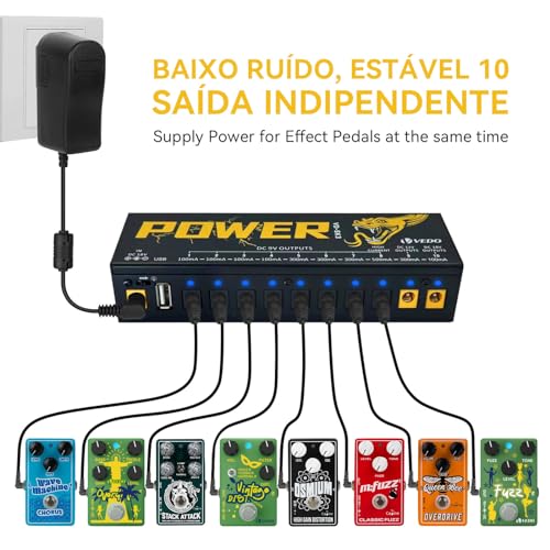 VEDO VD-SK3 Fonte de Alimentação para Pedal de Efeito de Guitarra com 10 Saídas Isoladas (9V, 12V, 18V) Proteção contra Curto-Circuito e Sobrecorrente - Fonte Estável para Pedais de Guitarra 110V-240V
