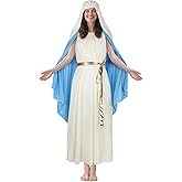 MCJC Biblical Virgin Mary Costume, White and Blue Robe with Gold Belt, Adult Religious Halloween Dress