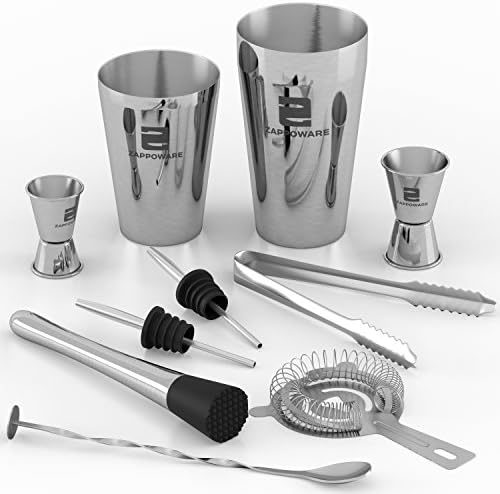 ZAPPOWARE Bartender Kit with Boston Cocktail Shaker – 10 Piece Cocktail Set – Bar Drink Mixing Tool Kit