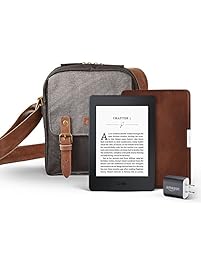 Kindle Paperwhite Travel Bundle including Kindle Paperwhite 6" E-Reader, Black with Special Offers, Amazon Premium Leather Cover, Power Adapter, and free caseable Travel Bag in Black/Grey