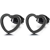 Pair Stainless Steel Womens Small Black Flat Open Heart Stud Earrings