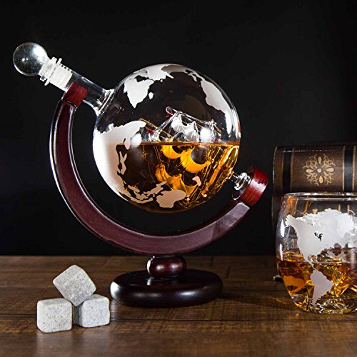 Atterstone Globe Whiskey Decanter Set, 850-ml Gift Set with Globe Glasses, 9 Whiskey Stones and Stainless Steel Funnel