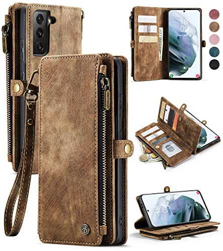Defencase Compatible with Samsung Galaxy S21 5G Case Wallet with Card Holder for Women Men, PU Leather Magnetic Snap Flip Zipper Strap Wallet Phone Case Fit for Galaxy S21 5G, Fashion Brown