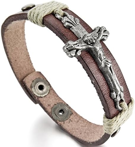 INBLUE Men's Alloy Genuine Leather Bracelet Bangle Jesus Christ Cross Adjustable