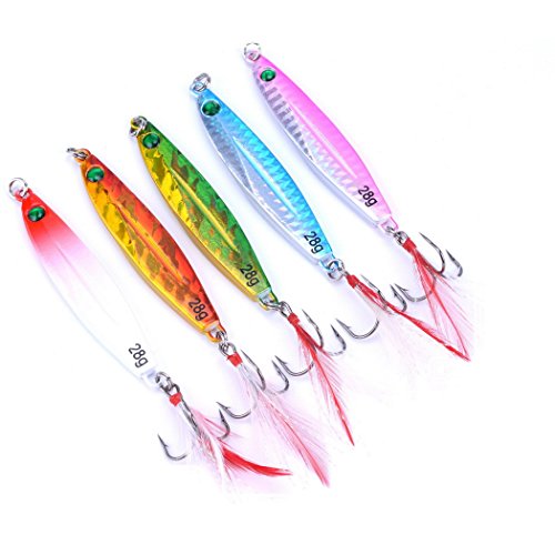Aorace 5pcs/lot 7.7cm 28g fishing metal lure Lead Fish hook with white/Red feather Crankbaits Bass