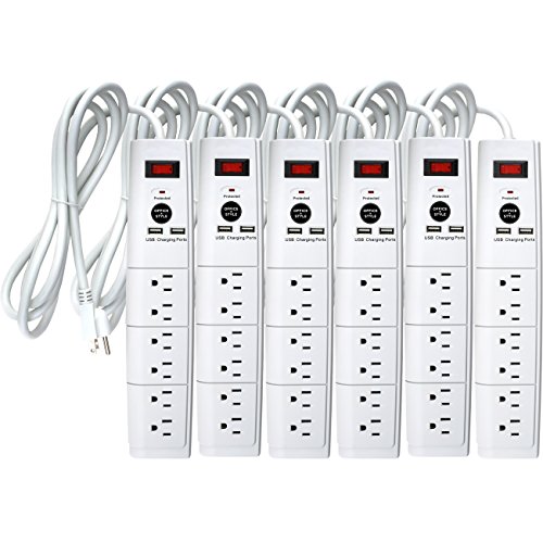 Office + Style 6 Outlet Surge Protector with Dual USB Ports and 6 Ft Cord, White, 6 Pack