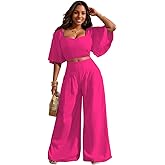 WUSENST Women's Summer 2 Piece Outfits 2025 Ruffle Sleeve Sweetheart Neck Crop Tops Wide Leg Pant Sets Casual Tracksuit