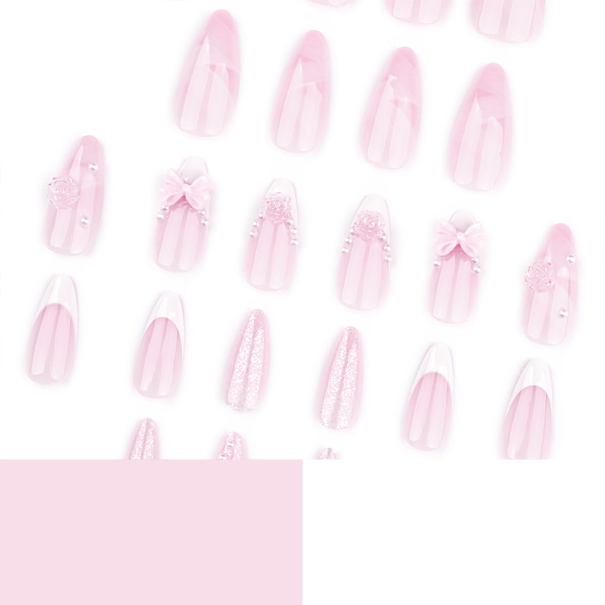 24Pcs Almond Press on Nails Medium French Tip Fake Nails Nude Pink Glue on Nails 3D Bow Pearl Flower Nail Kit False Nails with Ribbon Design Glitter Luxury Acrylic Nail Art Supplies for Women - Image 5