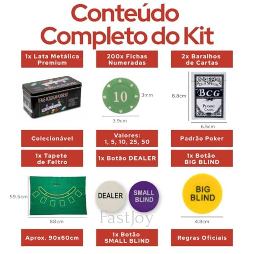 Jogo de Poker 200 Fichas Cartas de Baralho, Maleta Metálica, Fichas de Dealer e Blind, Conjunto Completo para Jogos