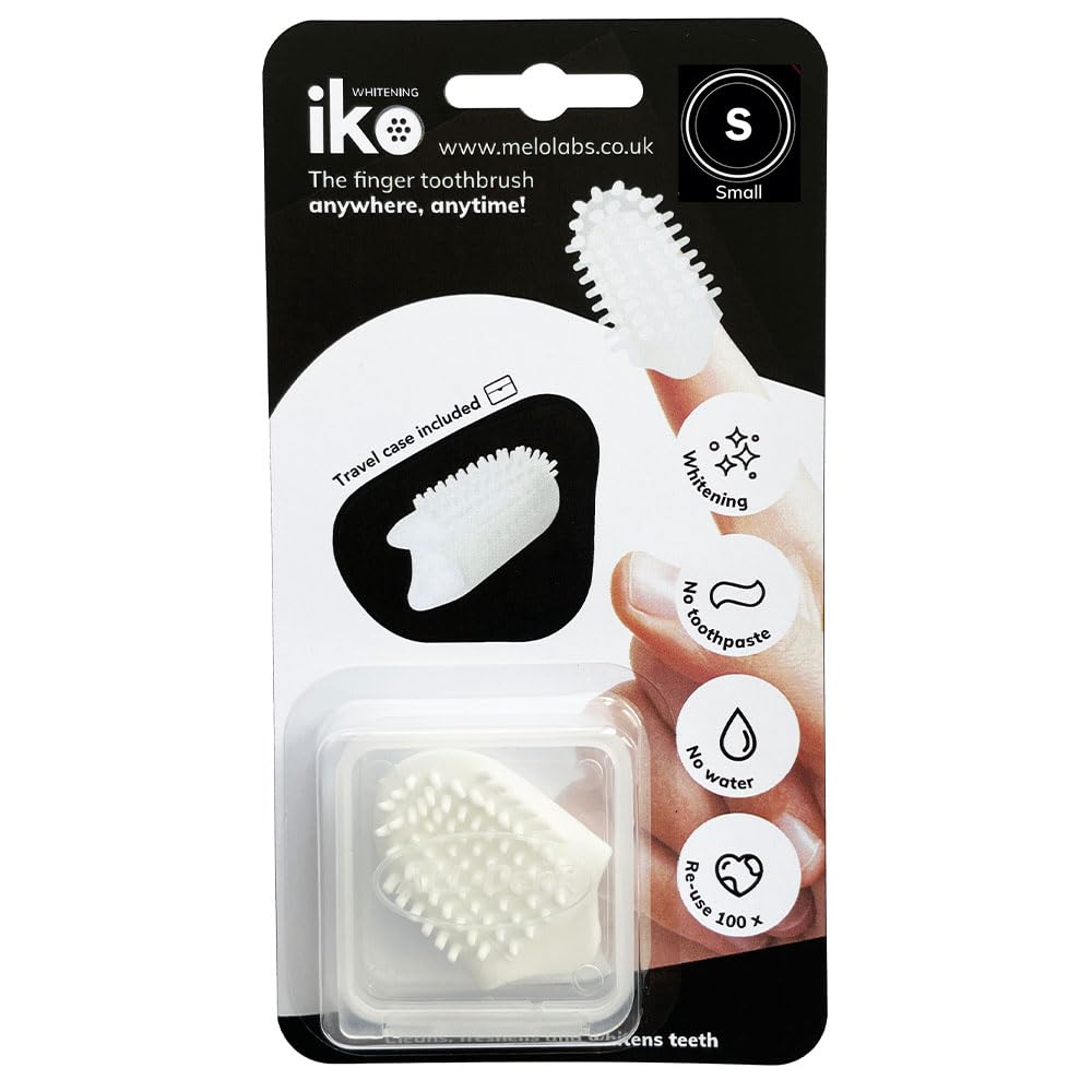iKo Whitening Finger Toothbrush + Clear Case, Soft Touch, No Toothpaste or Water Needed, 100% Recyclable Eco Adult Home Dental Care, Mini Travel Oral Health Holiday Essential - Small 15mm Finger