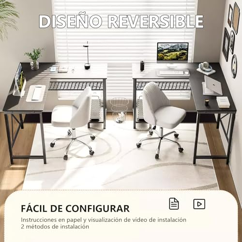 FURRIFIC Escritorio para Computadora en Forma de L, Escritorio Minimalista con Soporte para Monitor, Escritorio Gamer Estructura de Acero,Toma de Corriente, Perchero para Auriculares,106 x 91 x 80cm
