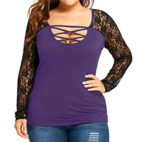 ManxiVoo Plus Size Blouse for Women Ladies Lace Long Sleeves Patchwork Sexy T-Shirt Tops Blouse (5XL, Purple)