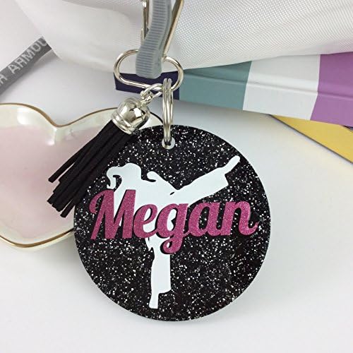 GemLights GiftsKarate Girl Glitter Bag Tag, Personalized, Monogrammed with Your Name and Your Colors