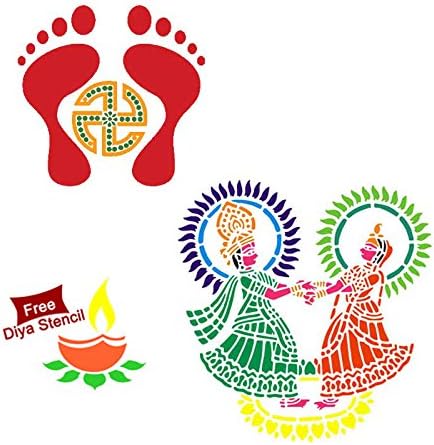 Incredible Gifts India DIY Rangoli Stencils for Floor - Radha Krishna + Lakshmi Charan + Free Diya Stencil- Set of 3 with Six Rangoli Colors(30cmx30cm)