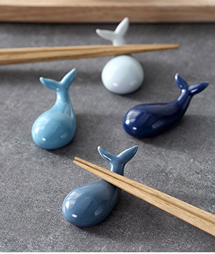 Colias Wing Dinnerware Accessory Lovely Whale Shape Design Porcelain Chopsticks Rest Set Dinner Spoons Stand Knife Fork Holder(Set of 4)-Blue/White