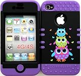 Bumper Case for Apple iphone 4 4G 4S Three Cute Owls hard plastic snap on over Purple Silicone Gel