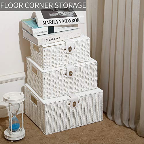 Honygebia White Woven Storage Baskets Decorative Nesting Boxes with Lids and Locks, Easy Clean