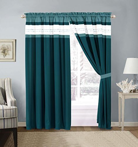 Luxury 7 Piece Pinch Pleat Comforter Set with Embroidered Finish – Includes Comforter, 3 Decorative Pillows, 2 Shams and a Bed skirt (Teal, Window Curtains)