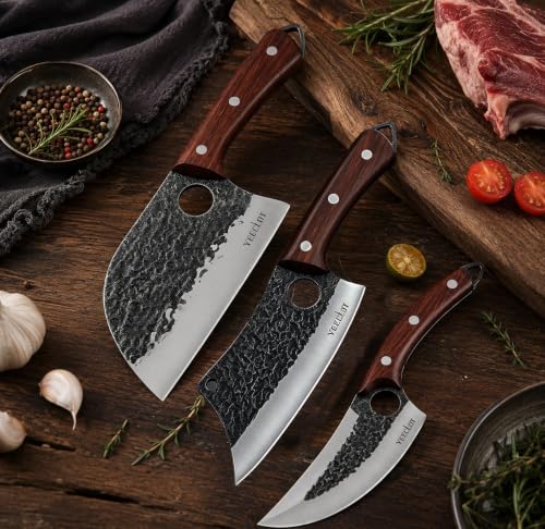 Juego de cuchillos de carnicero, 3 piezas cuchillo de chef serbio forjado a mano, cuchillo vikingo para cortar carne, con mangos ergonómicos, la cocina al aire libre, el camping y las barbacoas