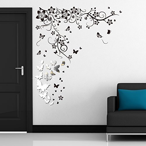 Walplus WSM2057 14 Mirror Butterflies Plus WS9022 Butterfly Vine Wall Art Murals Nursery Office Home Decoration