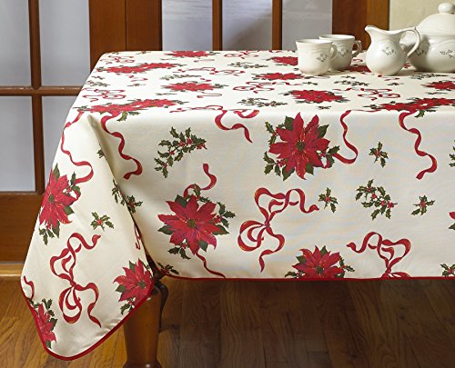 Violet Linen Decorative Christmas Poinsettias and Bows Design Tablecloths, 60" Round