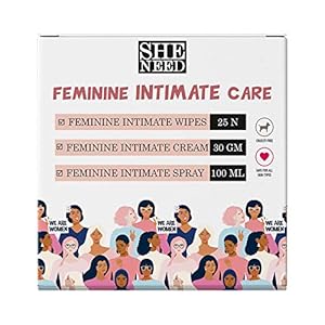 SheNeed Feminine Intimate Care Kit 3 in 1 25 Biodegradable Wipes 100ml Intimate Spray for coolness & hygiene Cream, 30 g