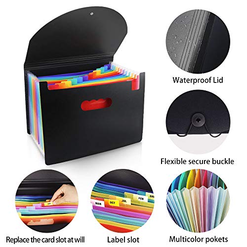 Accordian File Organizer,12 Pockets Expanding File Folder with Expandable Cover,Portable Filing Box,Desktop Accordion Folder,Plastic Colored Paper Document Paperwork Coupon Organizer(A4/Letter Size)