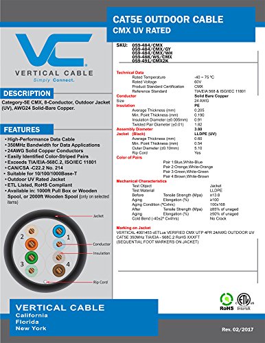 Vertical Cable Cat5e, 350 Mhz, UTP, UV Jacket, Outdoor, CMX, 1000ft, Black, Bulk Ethernet Cable