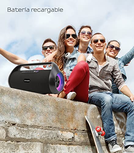 Aiwa Bocina Inalámbrica AWS800BT con 70 W RMS, Bluetooth 4.2, TWS, IPX5 Resistente al Agua, Radio FM, Iluminación RGB, Batería 3600 mAh, Entrada USB y Diseño Portátil Color Negro