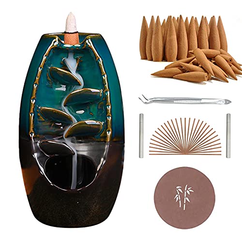 Walking Hero Family Ceramic Backflow Incense Holder Waterfall Incense Burner, with 30 Sandalwood Backflow Incense Cones + 140 Incense Stick, Burn for 40 Minutes,Aromatherapy Ornament Home Decor（Blue）