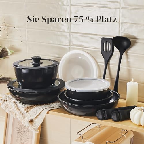 Redchef Pan Set, 16 Pieces with Removable Handles, Non-Stick Ceramic Cookware Set, Pan 20 + 26 cm, Deep Frying Pan 26 cm, Pot 18 + 20 cm, Stackable Pot Set for All Hobs, Oven Safe
