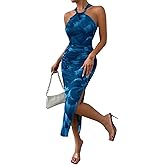 LIGHT DOT Women's Summer Halter Dress 2025 Midi Printed Bodycon Cocktail Ruched Side Slit Mesh Layered