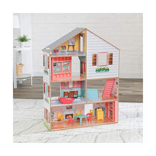 KidKraft 10064 Charlie Puppenhaus aus Holz mit Möbeln und Zubehör Spielset mit 3 Spielebenen für Puppen bis 18 cm – Bild 3