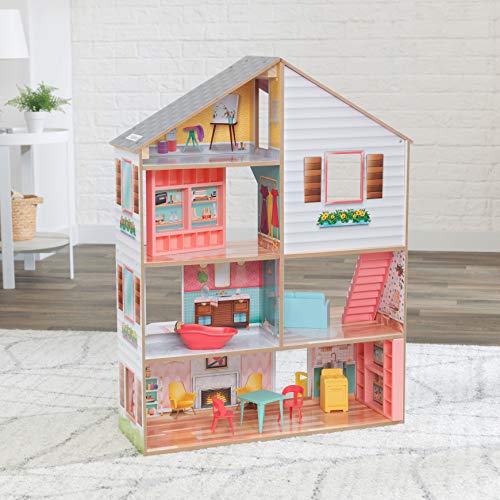 KidKraft 10064 Charlie Puppenhaus aus Holz mit Möbeln und Zubehör Spielset mit 3 Spielebenen für Puppen bis 18 cm – Bild 3