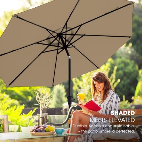 wikiwiki 9FT Patio Umbrella with Base, Outdoor Umbrellas with Base Included, 8 Sturdy Ribs, Waterproof Fade Resistant POLYESTER DTY Canopy for Deck, Lawn, Garden, Backyard & Pool, Tan