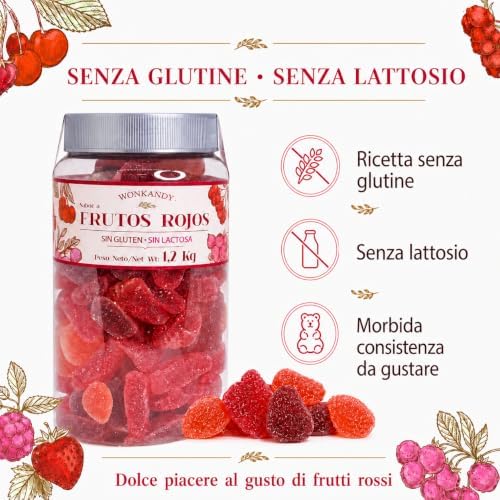 Wonkandy Caramelle Gommose Frutti Rossi 1,2 kg – Fragola, Ciliegia, Uva – Caramelle Morbide Zuccherate – Senza Glutine e Lattosio – Ideali per Feste e Candy Bar