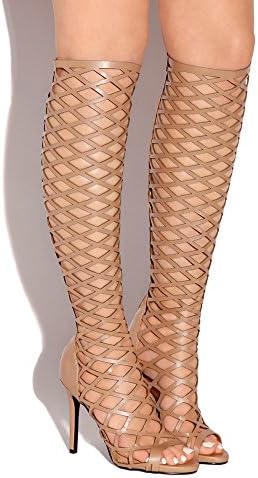 Privileged Women's Work It Faux Leather Knee High Caged Gladiator High Heel Sandal Boots (6, Tan)