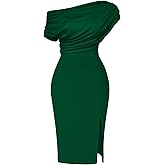 Memoriesea Women's Elegant Off Shoulder Split Hem Bodycon Ruched Midi Club Party Dress