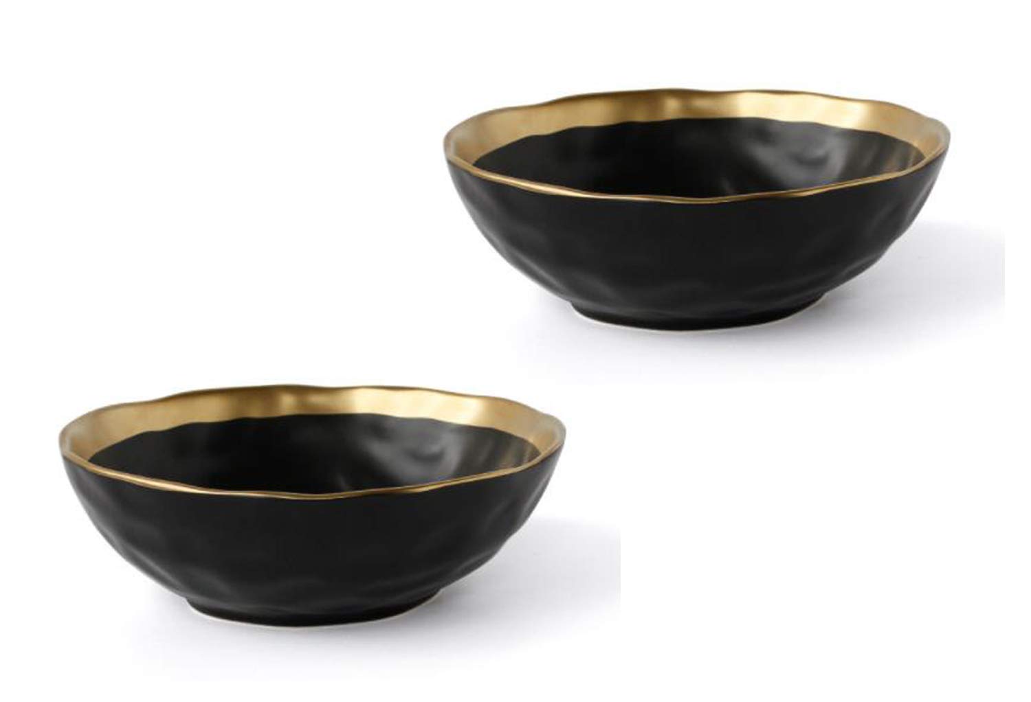 KKGUD Vintage Ceramic Cereal Bowls for Soup Cereal Rice Salad Noodles- Elegant Gold Edged Design, Black, Set of 2 (5.5 inches)