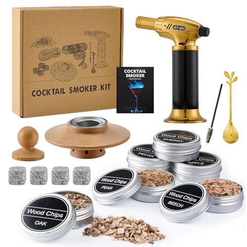 Whisky Cocktail Smoker Kit with 4 Granite Stones for Men Gift | Gift Idea for Men Birthday, Whiskey Box, 6 Wood Chips, Bourbon, Old Fashioned, Home Bar, Butane Free