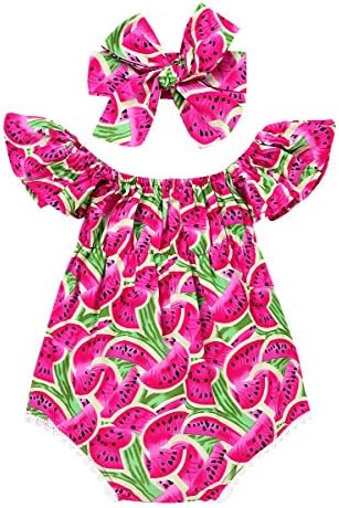 Infant Baby Girls Romper Watermelons Printed Ruffle Jumpsuit Bodysuit with Headband (12-24 Months)