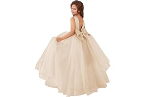 MCieloLuna Flower Girls Satin Tulle Princess Pageant Dress for Wedding Kids Pearls Prom Ball Gowns with Bow-Knot