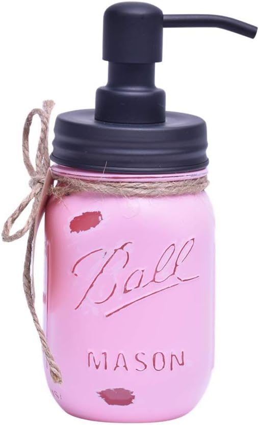 Mason Jar Soap Dispenser,Glass Soap Dispenser,Rust Proof Soap Dispenser Made of 304 Stainless Steel (Painted Pink Mason soap Dispenser, 1)