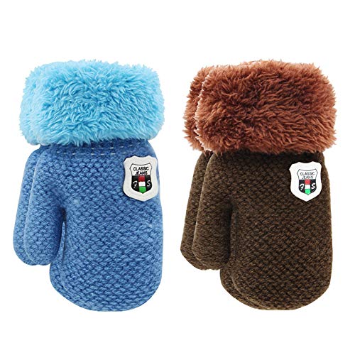 ORVINNER 2 Pairs Toddler Gloves Baby Boys Girls Winter Warm Sherpa Lined Knit Gloves Kids Mittens Brown/Royal-Blue Pack - Thumbnail 7