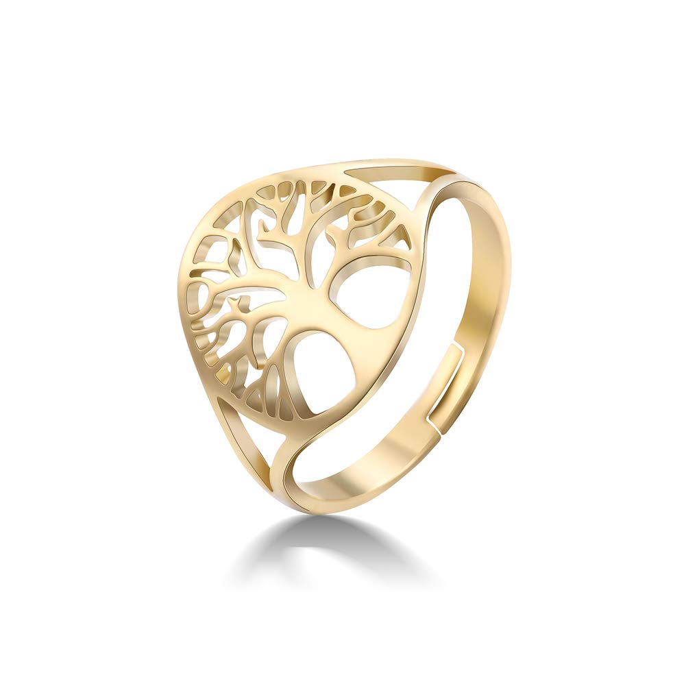 cooltime Stainless Steel Statement Ring Tree of Life Womens Band Ring Fashion Jewelry for Lady (Gold)