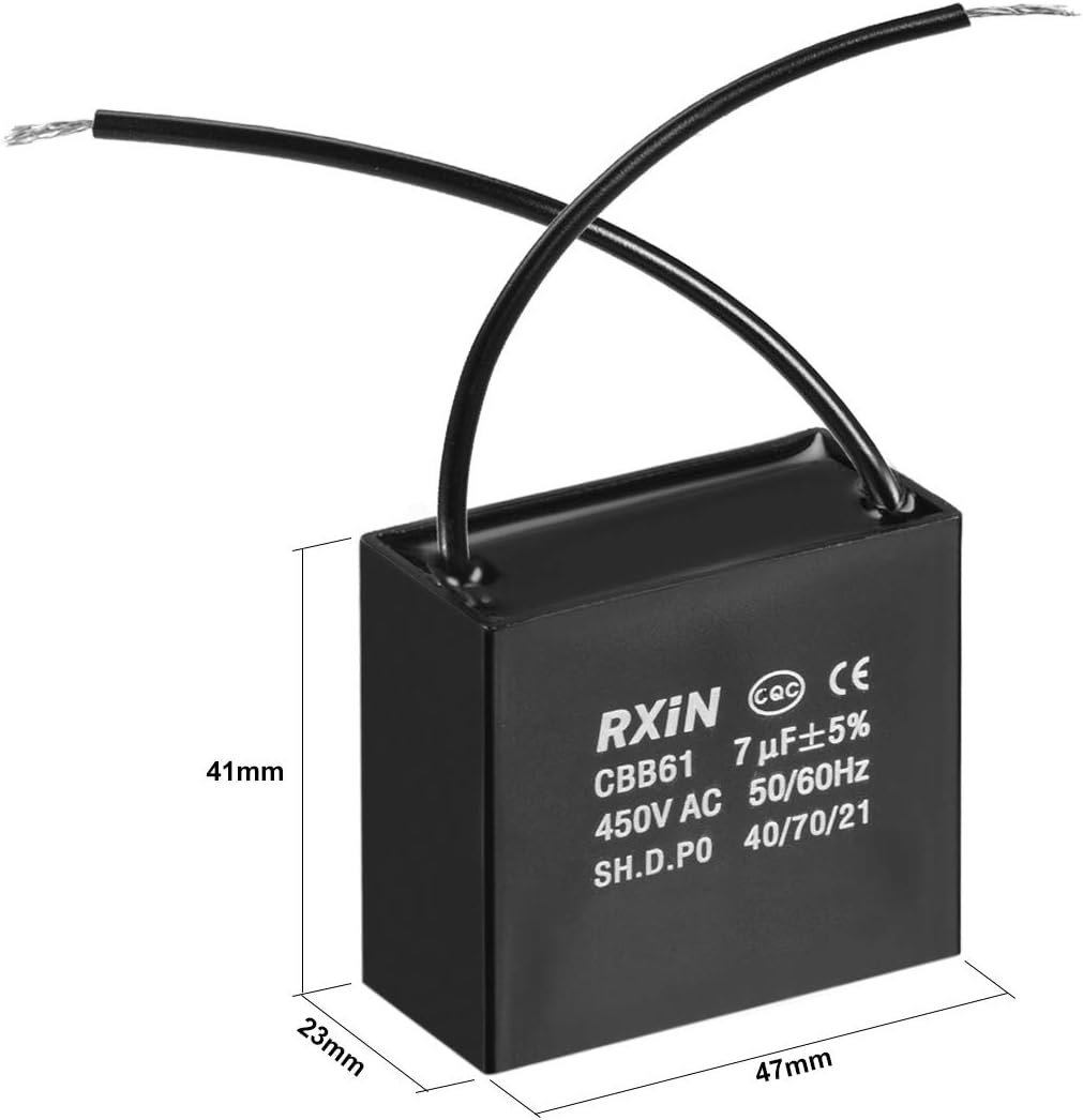 sourcing map Ceiling Fan Capacitor CBB61 7uF 450V AC 2 Wires Metalized Polypropylene Film Capacitors 47x23x41mm for Water Pump Motor Generator - Image 3