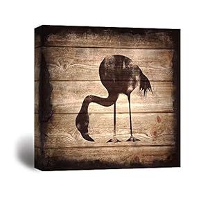 Square Flamingo Silhouette on Rustic Wood Board Texture Background