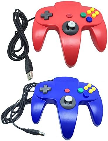 Pelod 2 packs Classic Retro N64 Bit USB Wired Controllers for PC and Mac(Red and Blue)